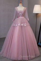 Dark Pink V-Neckline Ball Gown Lace Applique Sweet 16 Dress, Pink Evening Prom Dress Party Dress