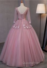 Dark Pink V-Neckline Ball Gown Lace Applique Sweet 16 Dress, Pink Evening Prom Dress Party Dress