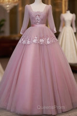 Dark Pink V-Neckline Ball Gown Lace Applique Sweet 16 Dress, Pink Evening Prom Dress Party Dress