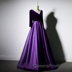 Dark Purple Long Sleeves V-neckline Velvet and satin Long Party Dress, Long Evening Dress Evening Prom Dress