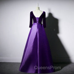 Dark Purple Long Sleeves V-neckline Velvet and satin Long Party Dress, Long Evening Dress Evening Prom Dress