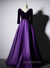 Dark Purple Long Sleeves V-neckline Velvet and satin Long Party Dress, Long Evening Dress Evening Prom Dress