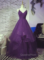 Dark Purple Tulle Layers Evening Gown, Purple Evening Party Dress