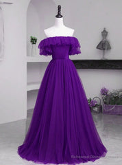 Dark Purple Tulle Off the Shoulder Pleats Prom Dress
