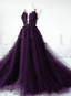 Dark Purple Tulle With Lace Applique Classy Dress, Purple Classy Evening Dress