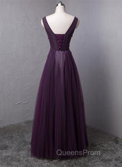 Dark Purple V-neckline Beaded Tulle Long Evening Dress, Purple Evening Dress