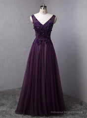 Dark Purple V-neckline Beaded Tulle Long Formal Dress Purple Evening Dress prom dresses shops