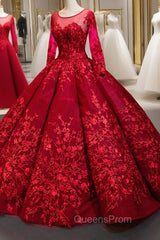 Dark Red Ball Gown Tulle Appliques Long Sleeve Backless Luxury Evening Prom Dress