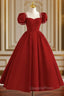 Dark Red Beaded Short Sleeves Tea Length Party Dress, Dark Red Evening Dress Evening Prom Dress