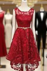 Dark Red High Low Lace Party Dress Homecoming Dress, Red Short Evening Prom Dress