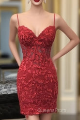 Dark Red Homecoming Dress, Corset Tight Short Mini Dress with Appliques