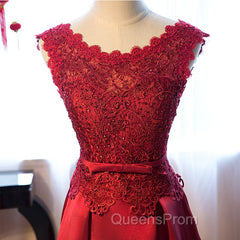 Dark Red Lace Long Junior Evening Prom Dress, Lace Top Party Dress