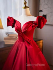 Dark Red Satin Long Evening Prom Dress, Off The Shoulder A-Line Formal Evening Dress
