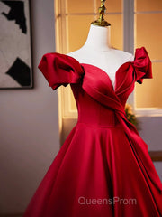 Dark Red Satin Long Evening Prom Dress, Off The Shoulder A-Line Formal Evening Dress