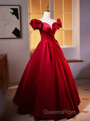 Dark Red Satin Long Evening Prom Dress, Off The Shoulder A-Line Formal Evening Dress
