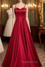 Dark Red Straps Beaded Sweetheart Satin Long Party Dress, Wine Red Evening Prom Dress