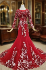 Dark Red Tulle Embroidery Appliques Long Sleeve Evening Prom Dress