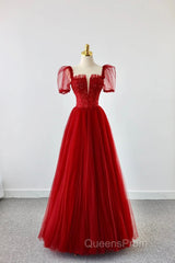 Dark Red Tulle Floor Length Formal Dress, Beautiful A-Line Short Sleeve Evening Dress With Beaded