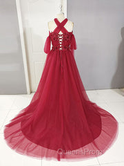 Dark Red Tulle Lace Long Evening Prom Dress, Red Tulle Lace Evening Dress