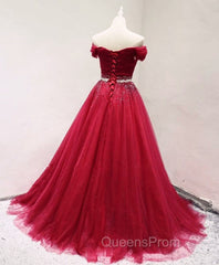Dark Red Tulle Off Shoulder Long Evening Prom Dress, Beaded Party Dress
