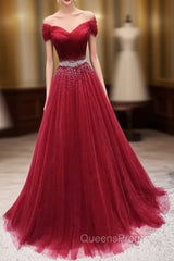 Dark Red Tulle Off Shoulder Long Evening Prom Dress, Beaded Party Dress