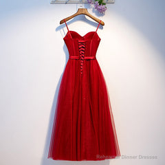 Dark Red Tulle Sweetheart Straps Wedding Party Dress, Red Homecoming Dress Prom Dress