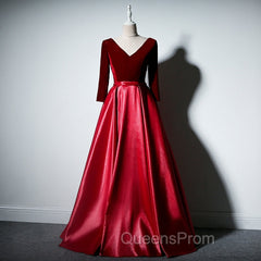 Dark Red Velvet and Satin V-neckline Long Evening Prom Dress Evening Dress, Red Bridesmaid Dress