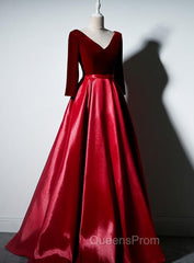 Dark Red Velvet and Satin V-neckline Long Evening Prom Dress Evening Dress, Red Bridesmaid Dress