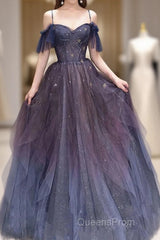 Dark Starry Sky Purple Tulle Long Evening Prom Dress Purple Evening Dress