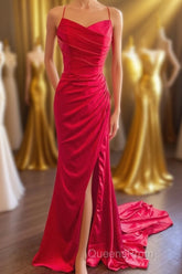 Straps Red Ruched Mermaid Long Formal Dress