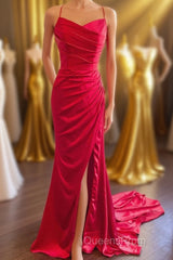 Straps Red Ruched Mermaid Long Formal Dress