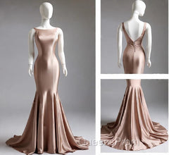 Deep Champagne Mermaid Simple Satin Long Evening Prom Dress Backless Evening Gown