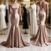 Deep Champagne Mermaid Simple Satin Long Evening Prom Dress Backless Evening Gown