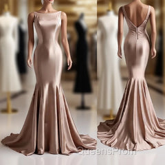 Deep Champagne Mermaid Simple Satin Long Evening Prom Dress Backless Evening Gown