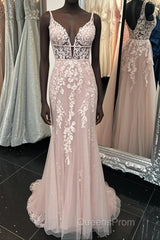 Deep V Neck Backless Pink Lace Long Evening Prom Dress, Long Pink Lace Formal Graduation Evening Dress