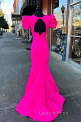 Deep V-Neck Hot Pink Mermaid Long Evening Prom Dress With Balloon Sleeves