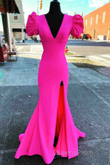 Deep V-Neck Hot Pink Mermaid Long Evening Prom Dress With Balloon Sleeves