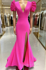 Deep V-Neck Hot Pink Mermaid Long Evening Prom Dress With Balloon Sleeves