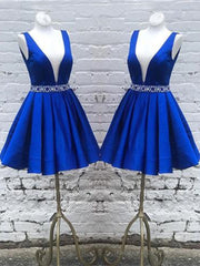 Deep V Neck Royal Blue Short Satin Prom Dresses, Royal Blue V Neck Short Formal Homecoming Dresses