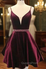 Deep V Neck Short Burgundy Evening Prom Dress, Deep V Neck Short Burgundy Evening Homecoming Dress