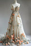 Deep V Neck Wedding Dress 3D Flowers Appliques Tulle A-Line Classy Prom Gowns
