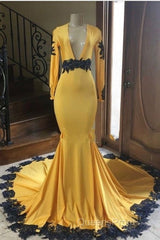 Deep V Neck Yellow Evening Prom Dress Black Lace Applique Evening Gown