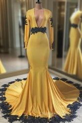 Deep V Neck Yellow Evening Prom Dress Black Lace Applique Evening Gown