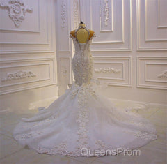 Delicate Sleeveless Beading Sheer Tulle Appliques Mermaid Sparkling Wedding Dress