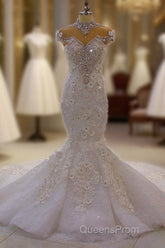 Delicate Sleeveless Beading Sheer Tulle Appliques Mermaid Sparkling Wedding Dress