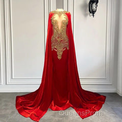 Mermaid Evening Prom Dress with Red Scoop Neckline and Beadings Cape