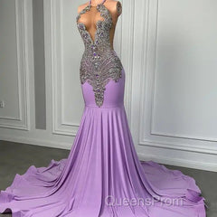 Long Lilac Sleeveless Halter Mermaid Evening Prom Dress With Beadings