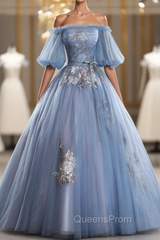 Discover The Latest Gray Blue Ball Gown Tulle Puff Sleeve Appliques Quinceanera Dress
