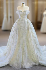 Discover The Latest White Mermaid Tulle Sequins Off the Shoulder Evening Prom Dress With Removable Train