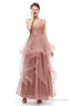 Double V-Neck Beaded Applique Layered Tulle Prom Dresses